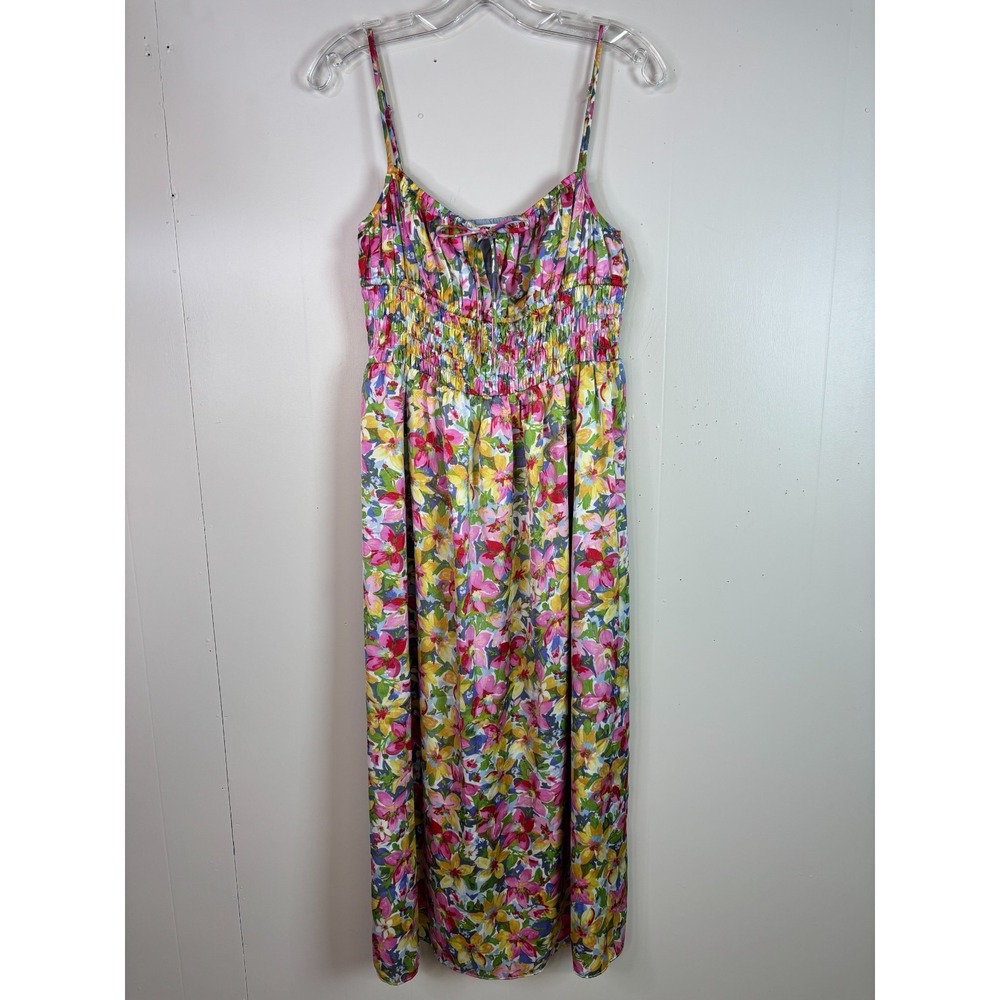 ASTR Midi Dress Pink Blue Yellow Floral Satin Smocked Waist Tie-Neck Women's